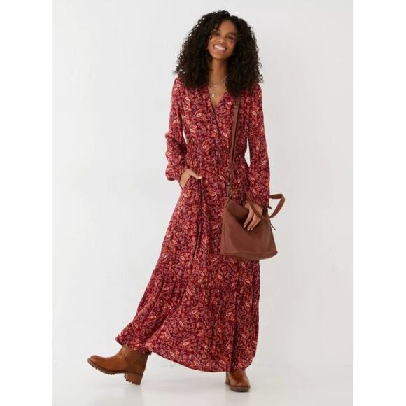 Fat Face Dresses & Skirts - Fat Face FatFace Red Joyce Floral Maxi Dress long sleeved V neck size 20